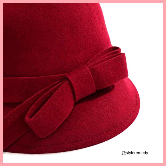 Wool Felt Fedora Hat with Bow Adjustable Drawstring Winter main image 2
